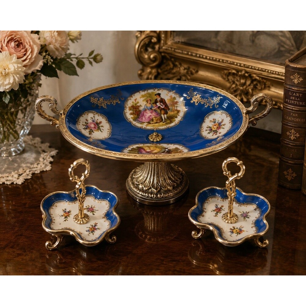Antique AK France Limoges Cobalt Blue Gilt Porcelain 3 Pc Set Klingenberg c1900